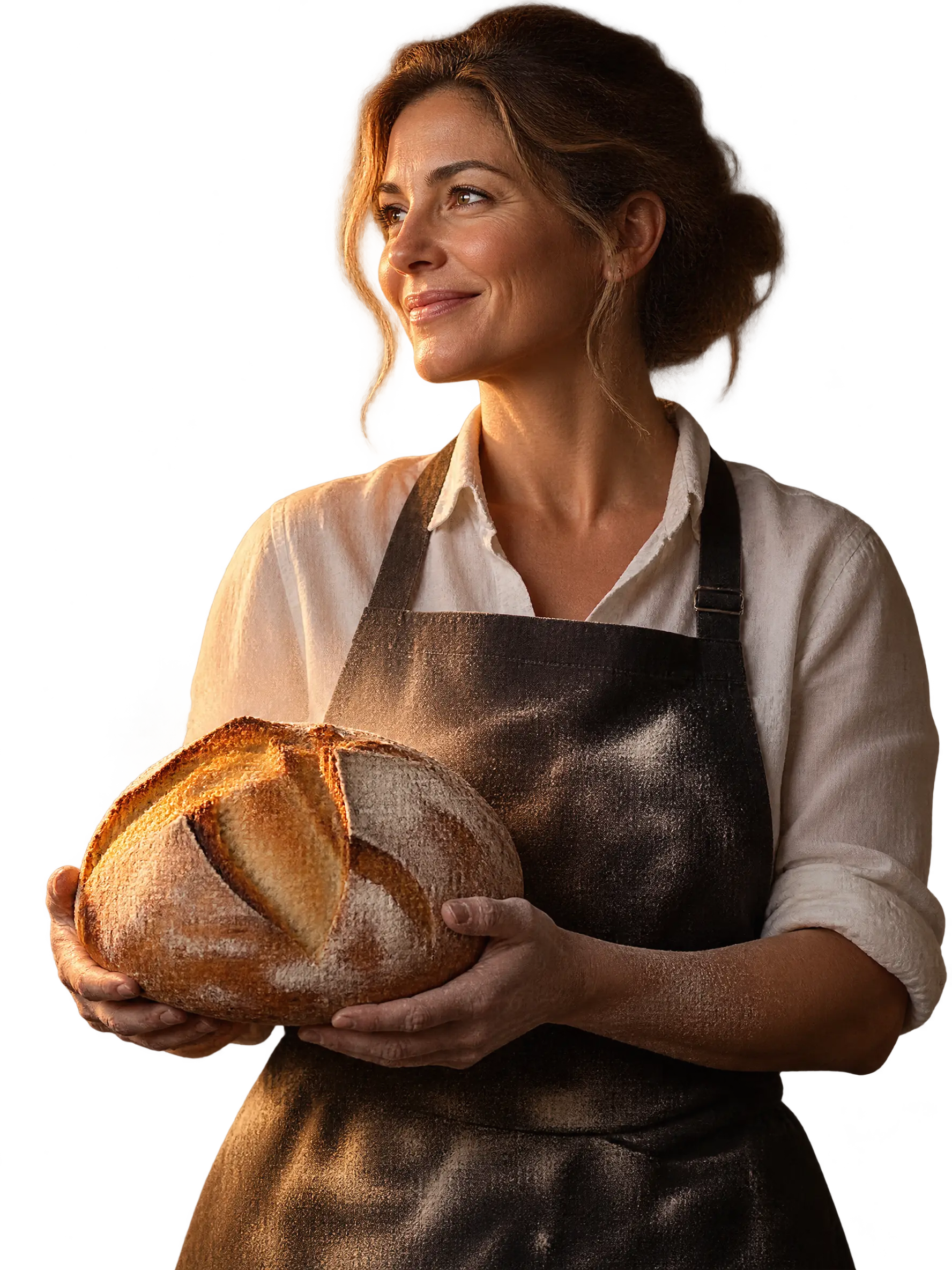 Une boulangère tient une grosse miche dorée
