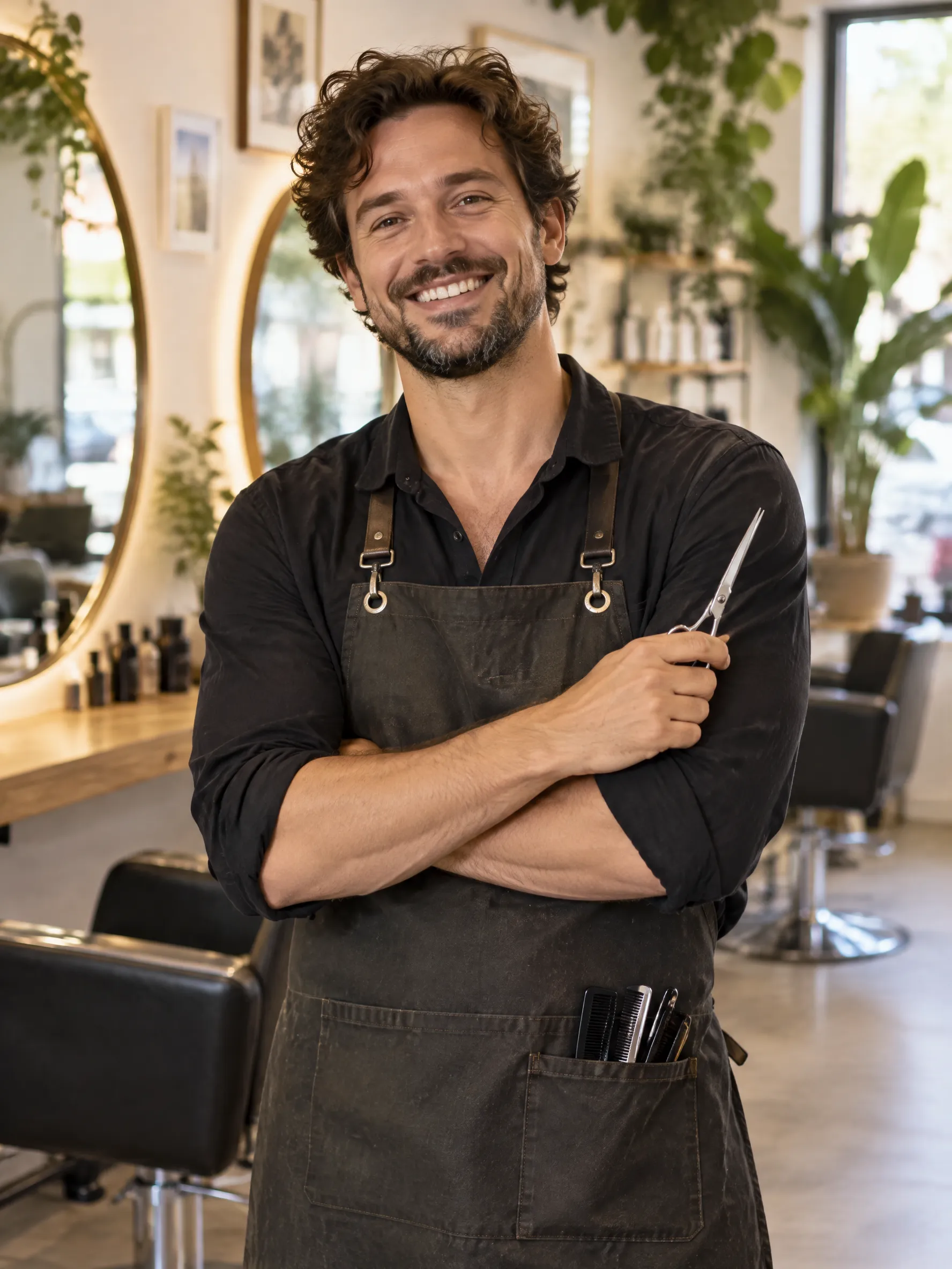 Un coiffeur souriant dans son salon
