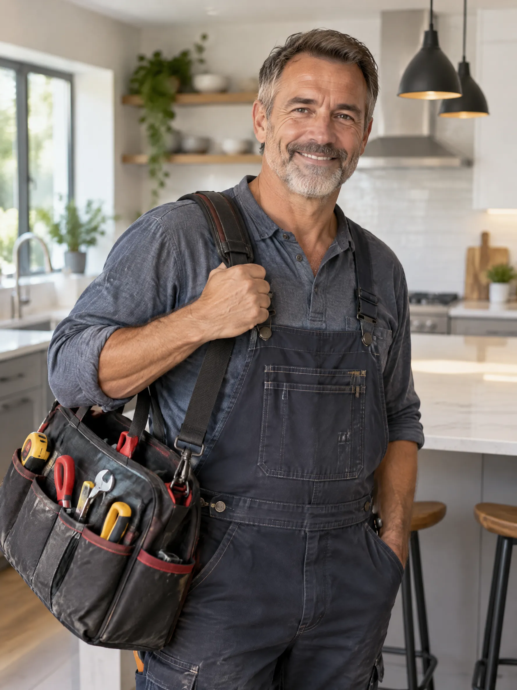Un plombier souriant, sa caisse à outils à l’épaule